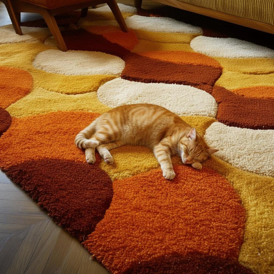 Translation missing: es.Retro shag rug with geometric circles in burnt orange and warm tones, 70s style hand-tufted wool design
