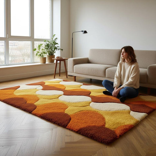 Translation missing: es.Retro shag rug with hand-tufted wool geometric circles in 70s burnt orange and brown tones