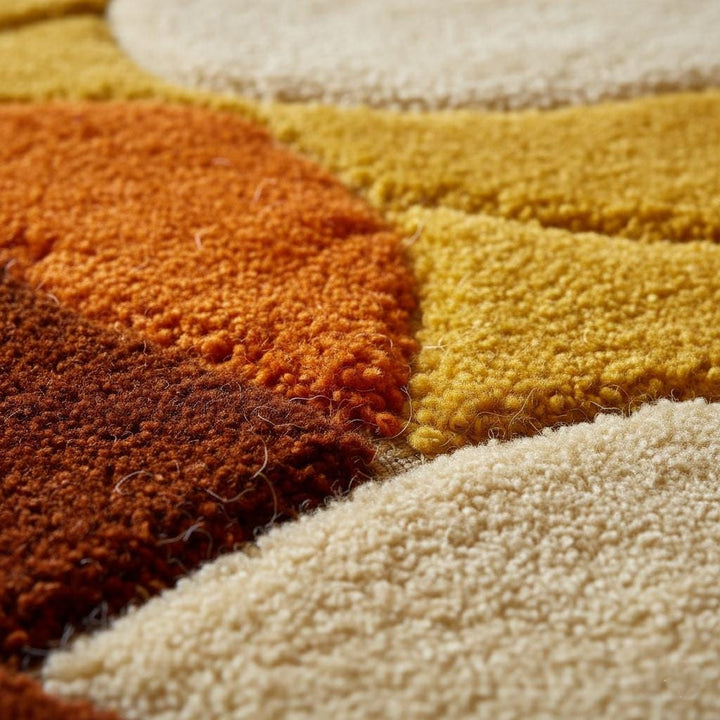 Translation missing: es.Retro shag rug with geometric circles in warm 70s colors and deep wool pile