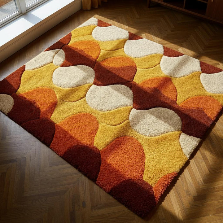 Translation missing: es.Retro shag rug with geometric circles in burnt orange, brown, yellow, and cream, hand-tufted wool, 70s style