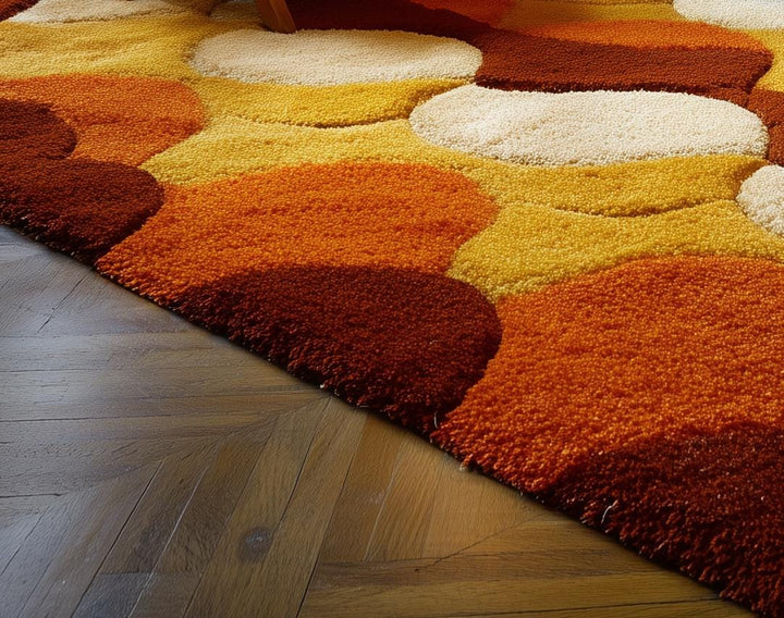 Translation missing: es.Retro shag rug with geometric circles in warm 70s colors, hand-tufted wool, and deep shag pile