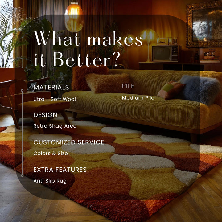 Translation missing: es.Retro shag rug with geometric circles in warm 70s colors and deep tufted wool pile