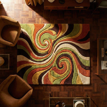Translation missing: es.Retro Swirl Tufted Area Rug with 70s psychedelic abstract wool design in warm earthy tones