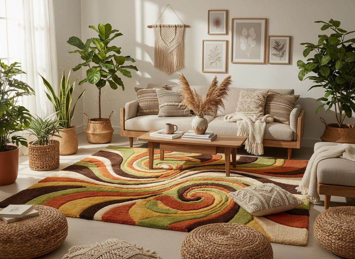 Translation missing: es.Hand tufted mid century modern rug featuring bold groovy swirl design and thick high pile wool texture