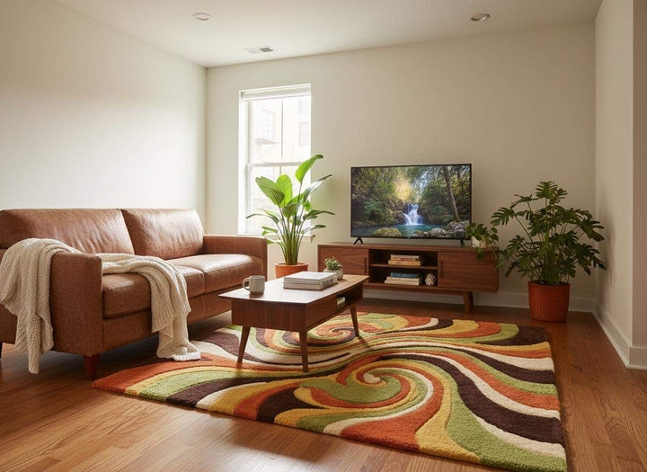 Translation missing: es.Psychedelic swirl rug made from premium wool, perfect statement piece for modern retro home décor