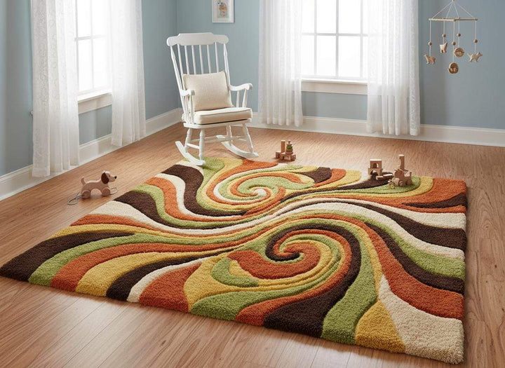 Translation missing: es.Mid century modern living room featuring a retro abstract wool rug with groovy 70s swirl design