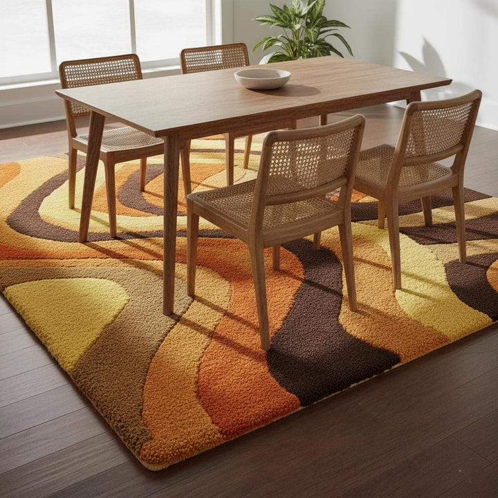 Translation missing: en.Cozy retro-modern living room rug with plush texture in warm, wavy color palette