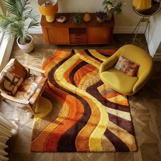 Translation missing: es.Retro wave shag rug with 70s-inspired brown, orange, and yellow wave pattern and plush texture