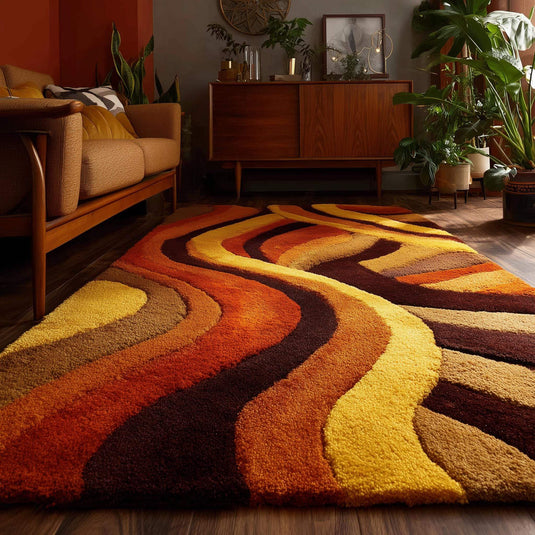 Translation missing: es.Retro wave shag rug in orange, yellow, and brown with groovy 70s pattern in a living room