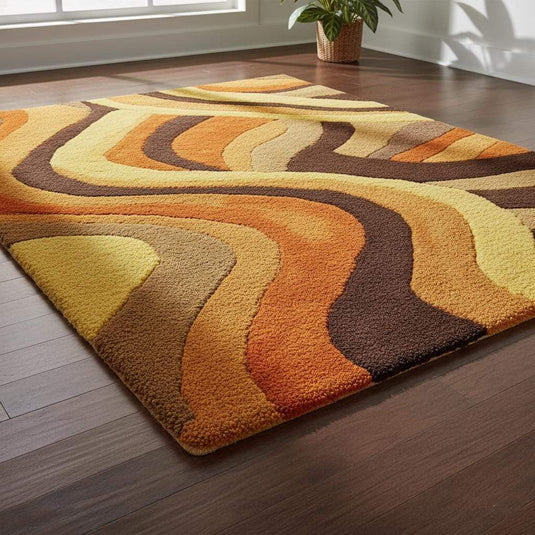 Translation missing: es.Bold wavy patterned area rug under mid-century modern sofa and wooden credenza
