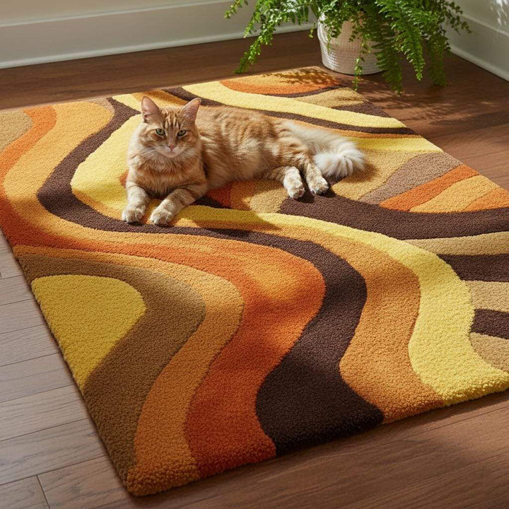 Translation missing: en.Groovy 70s inspired wave rug with warm earth tones styled with houseplants and wood furniture