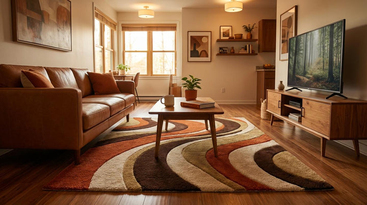 Translation missing: en.Retro 70s Wavy Area Rug | Mid Century Modern Swirl Carpet | Burnt Orange &amp; Brown Tufted Abstract Living Room Decor