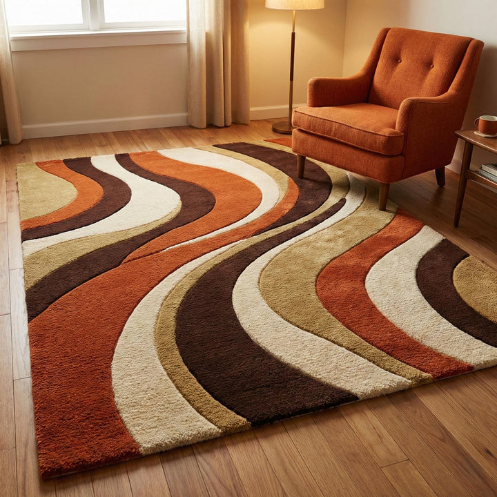 Translation missing: en.Retro 70s wavy area rug in burnt orange and brown with hand-tufted wool swirl design for mid-century modern decor