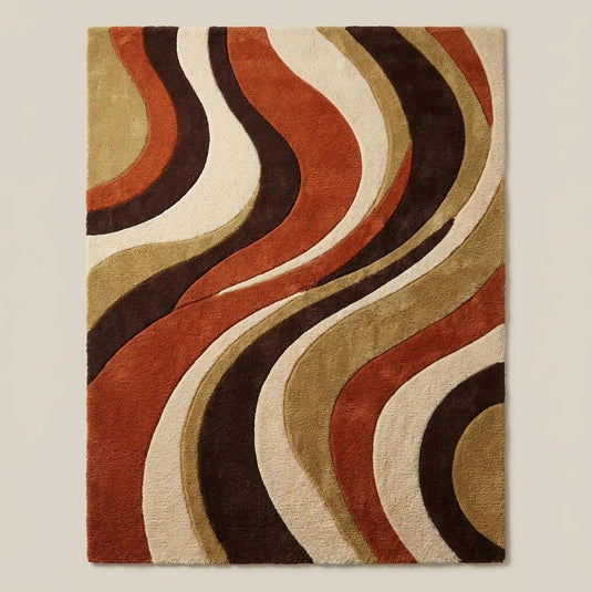Translation missing: en.Mid century modern orange and cream abstract rug styled beside armchair on wooden floor