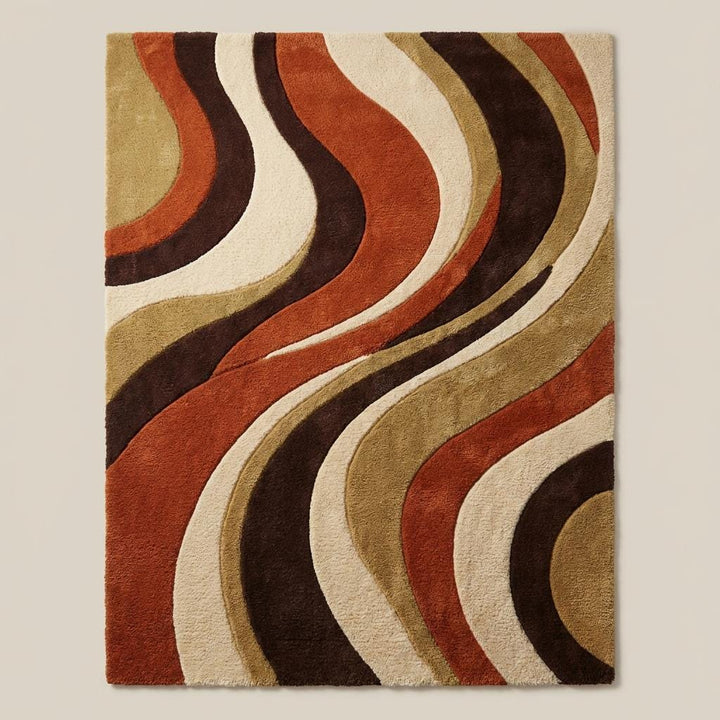 Translation missing: en.Mid century modern orange and cream abstract rug styled beside armchair on wooden floor