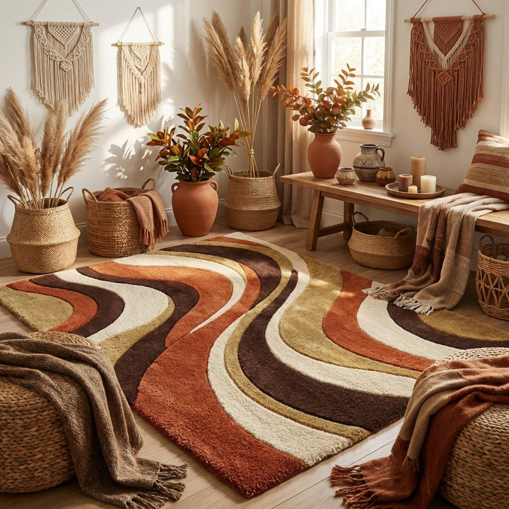 Translation missing: en.Contemporary handmade wool area rug with flowing retro stripe pattern in warm earth tones