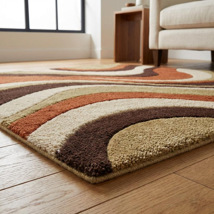 Translation missing: en.Plush rust and brown modern living room rug adding cozy texture and bold geometric movement