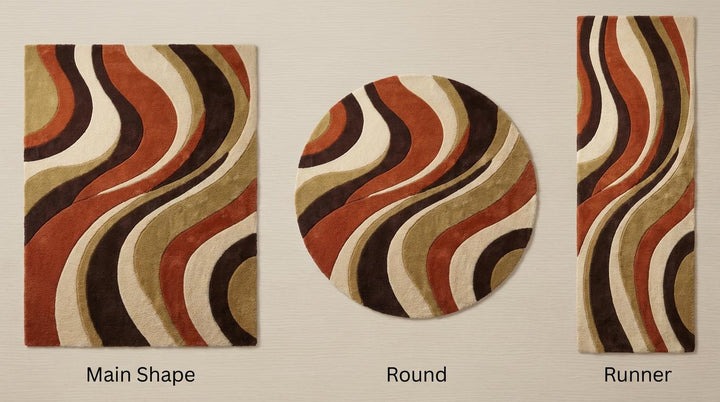 Translation missing: en.Retro 70s Wavy Area Rug | Mid Century Modern Swirl Carpet | Burnt Orange &amp; Brown Tufted Abstract Living Room Decor