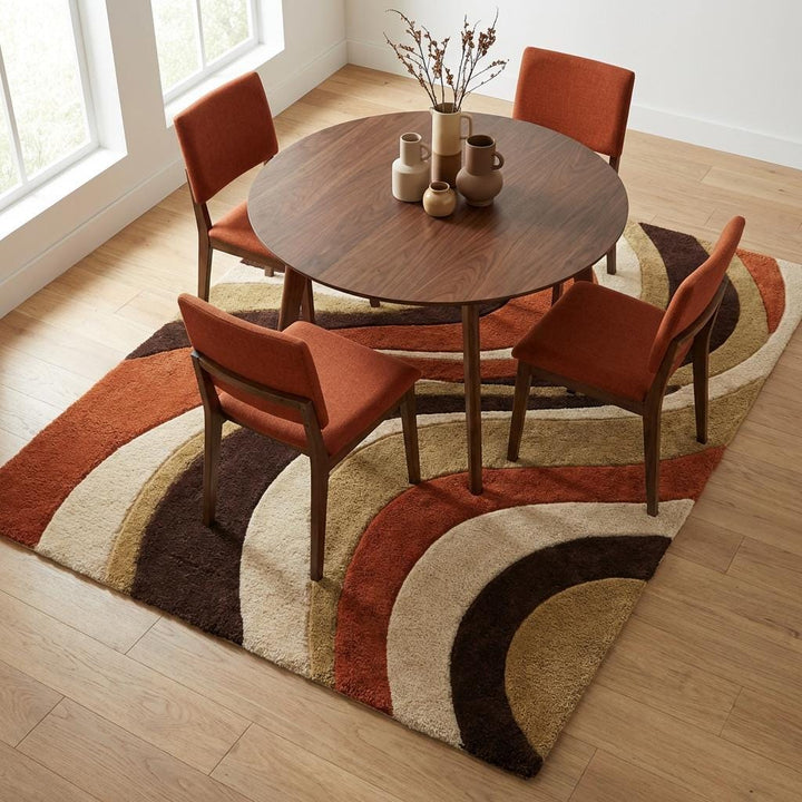Translation missing: en.Retro 70s Wavy Area Rug | Mid Century Modern Swirl Carpet | Burnt Orange &amp; Brown Tufted Abstract Living Room Decor