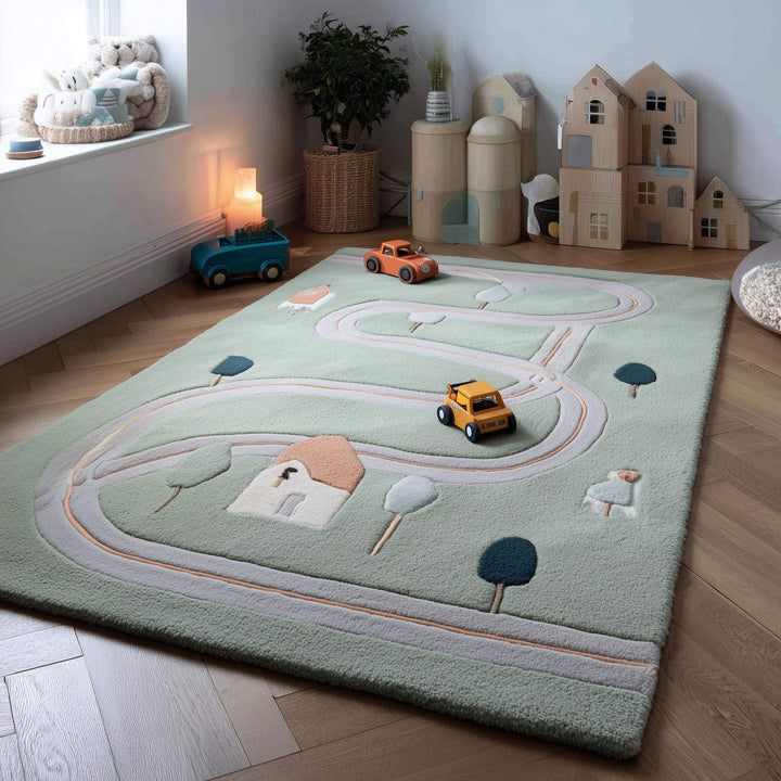 Translation missing: es.Hand-tufted road track kids rug in sage green wool with playful car and house design for toddler playroom decor