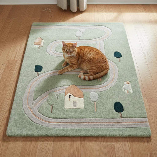 Translation missing: es.Kids playroom rug handmade from wool, sage green base and playful road-map pattern, houses and trees design for imaginative space