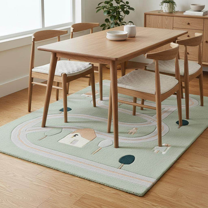 Translation missing: es.Modern cottage style wool area rug in soft sage green with road motif and houses/trees design, durable and stylish for children’s room