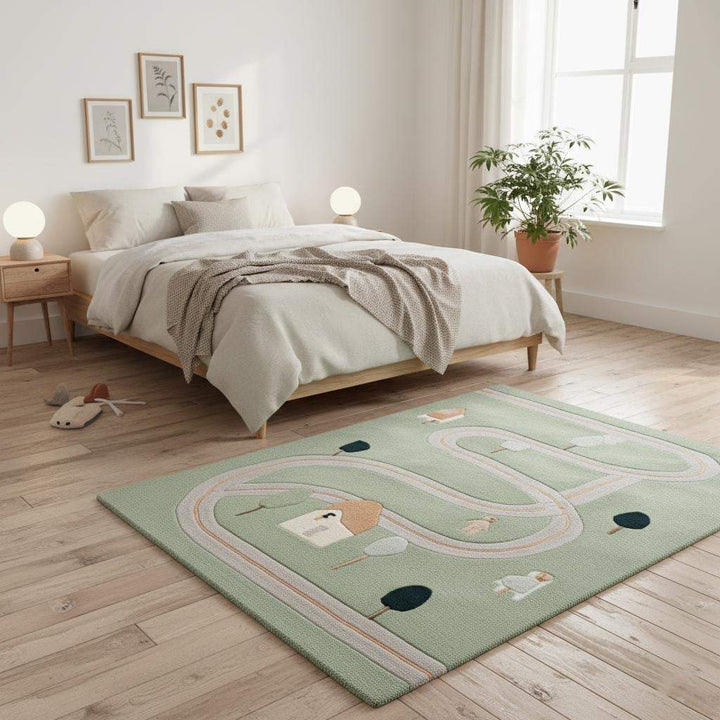Translation missing: es.Premium New Zealand wool kids rug with playful map-style design and muted green/cream tones, perfect for nursery, playroom or home décor upgrade