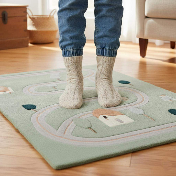 Translation missing: es.Road Track Kids Rug | Car Play Mat for Toddlers | Interactive Nursery Carpet | Handmade Wool Area Rug | Boys Room Decor | Montessori Gift