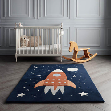 Translation missing: es.Handmade rocket ship kids rug with soft wool, galaxy design, rockets, and stars for space-themed nursery or playroom