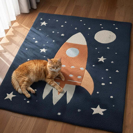 Translation missing: es.Rocket Ship Kids Rug | Space Theme Nursery Carpet | Baby Room Decor | Astronaut Playroom Rug | Handmade Tufted Wool Area Mat | Galaxy Design