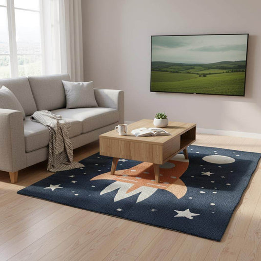 Translation missing: es.Rocket Ship Kids Rug | Space Theme Nursery Carpet | Baby Room Decor | Astronaut Playroom Rug | Handmade Tufted Wool Area Mat | Galaxy Design