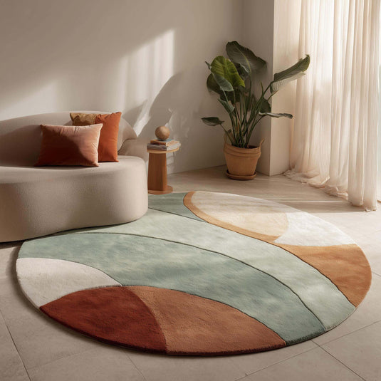 Translation missing: en.Hand-tufted wool rug with sage terracotta geometric circle design, round area rug for modern boho decor