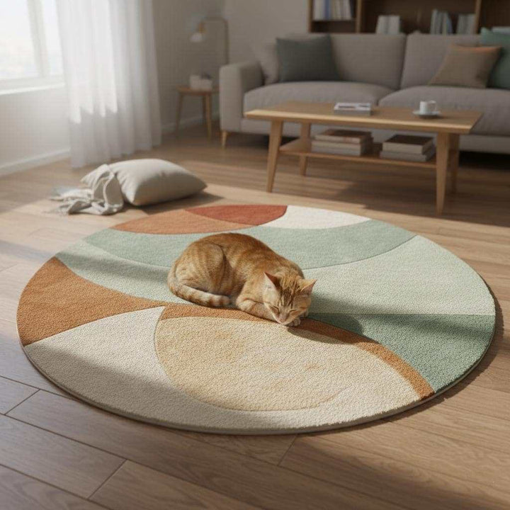 Translation missing: en.hand-tufted wool rug with sage terracotta geometric circles, round area rug, soft plush texture, mid-century modern style