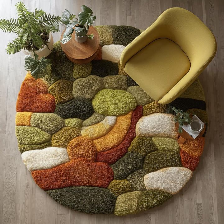 Translation missing: es.Round moss rug with high pile 3D pebble stone carpet in earth tones for cozy living room decor