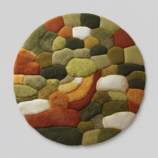 Translation missing: es.Round moss rug with high pile 3D pebble texture in earth tones for cozy living room decor
