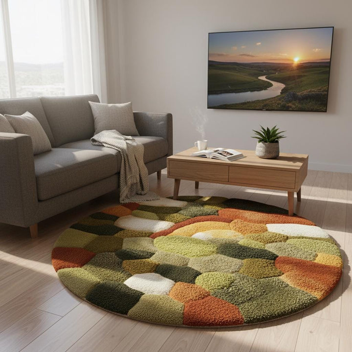 Translation missing: es.Round moss rug with high pile 3D pebble texture in earth tones for cozy living room decor