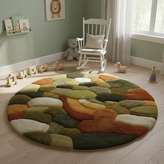 Translation missing: es.Round moss rug with high pile 3D pebble texture in earth tones for cozy living room decor