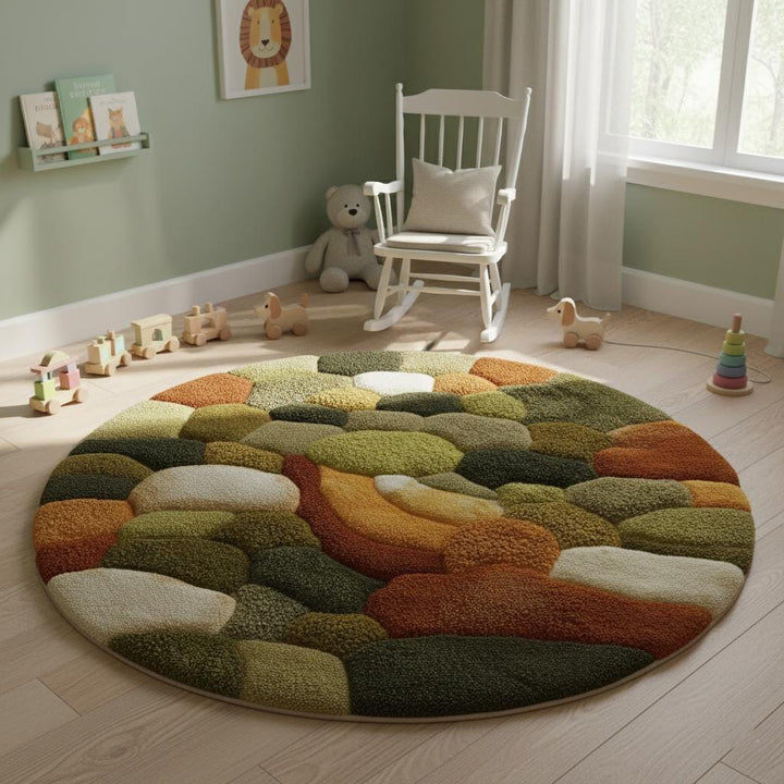 Translation missing: es.Round moss rug with high pile 3D pebble texture in earth tones for cozy living room decor