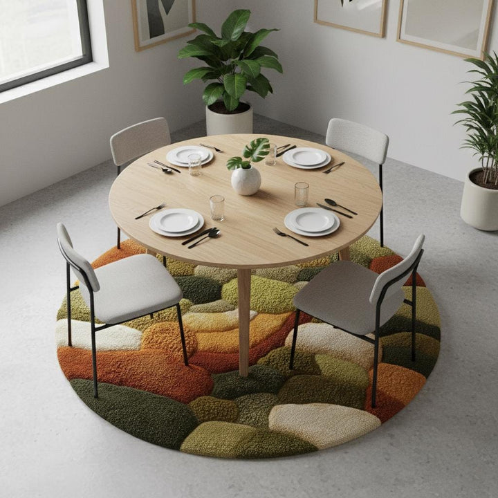 Translation missing: es.Round moss rug with high pile and 3D pebble texture in earth tones for cozy living room decor