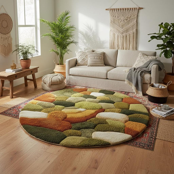 Translation missing: es.Round moss rug with high pile soft texture and 3D pebble stone pattern for cozy living room decor