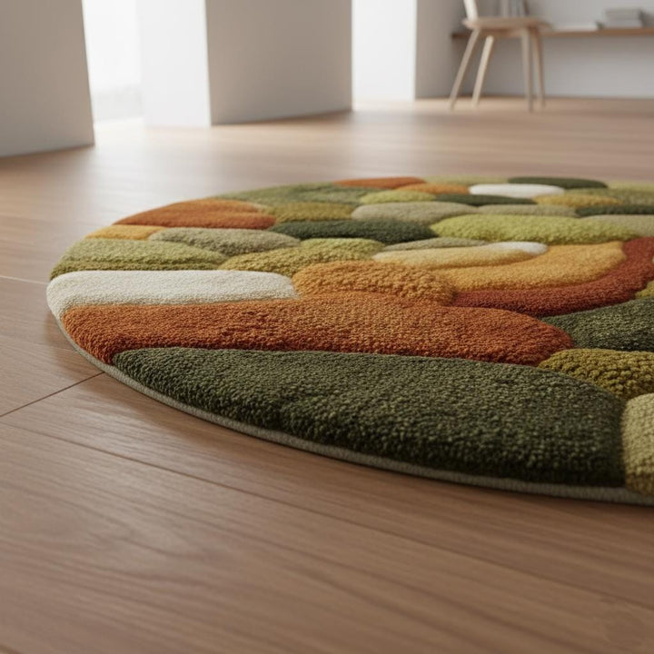 Translation missing: es.Round moss rug with high pile 3D pebble design in earth tones for cozy living room decor
