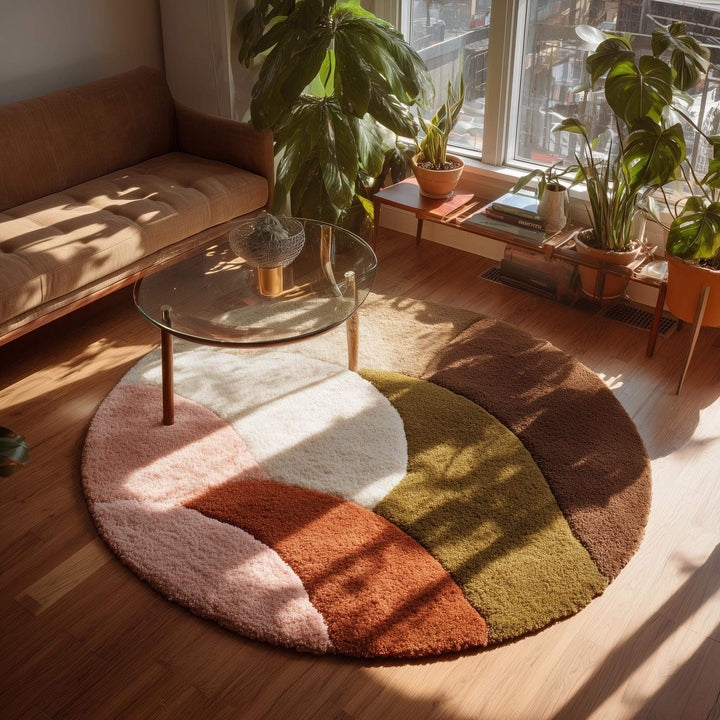 Translation missing: es.Round retro geometric wool rug with colorful mid century modern design and thick plush pile carpet