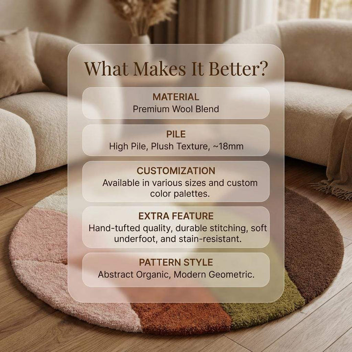 Translation missing: en.Round retro geometric wool rug with thick pile in earthy tones, hand-tufted and colorful carpet for living room decor
