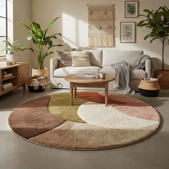 Translation missing: en.Round retro geometric wool rug with thick pile in earthy tones and mid century modern design