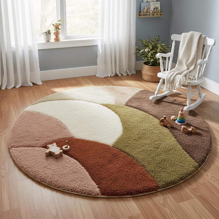 Translation missing: en.Round retro geometric wool rug with thick pile in earthy tones and mid century modern design