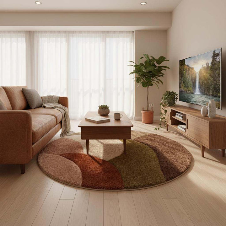 Translation missing: en.Round retro geometric wool rug with thick pile in earthy tones of brown, olive, terracotta, blush pink, and cream