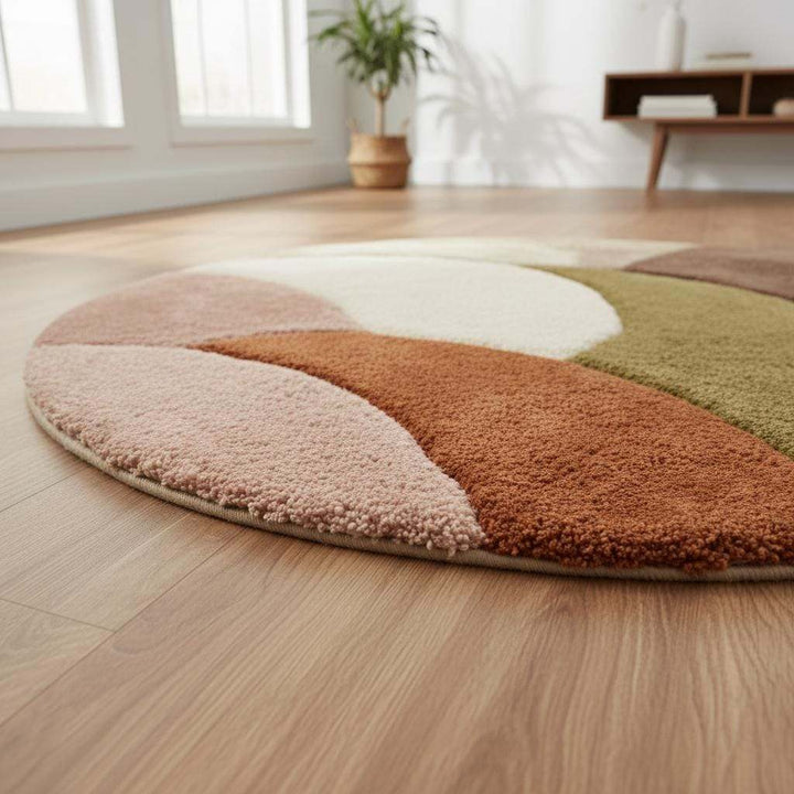 Translation missing: en.Round retro geometric wool rug with thick pile in earthy tones, hand-tufted and non-slip
