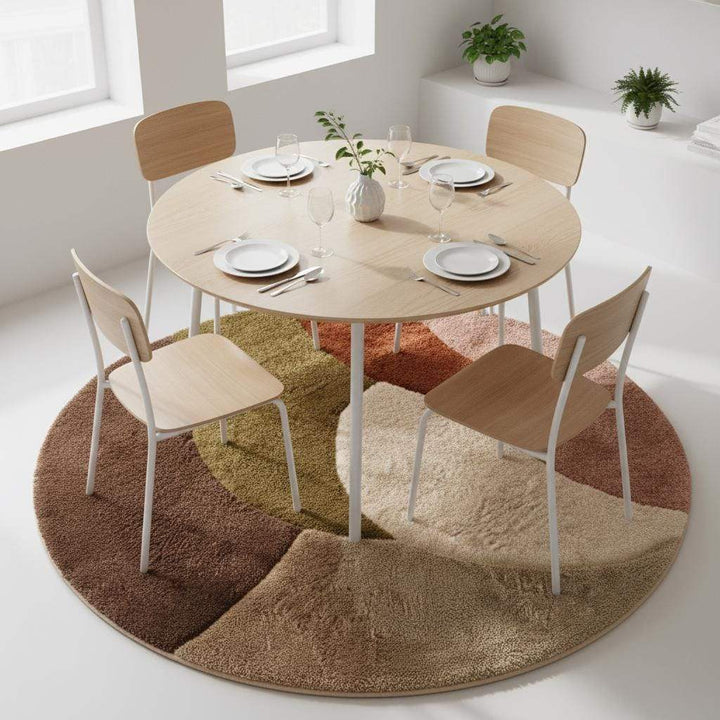 Translation missing: en.Round retro geometric wool rug with thick pile in earthy tones and mid-century modern design