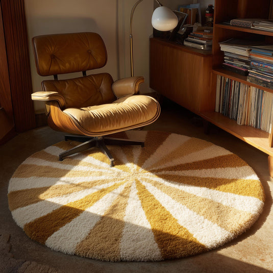 Translation missing: en.Round Sunburst Rug with mustard cream sunburst pattern and soft plush shag texture for cozy vintage decor