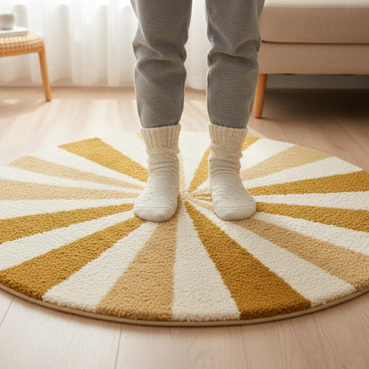 Translation missing: en.Round Sunburst Shag Rug – Mustard &amp; Cream Mid-Century Modern Accent